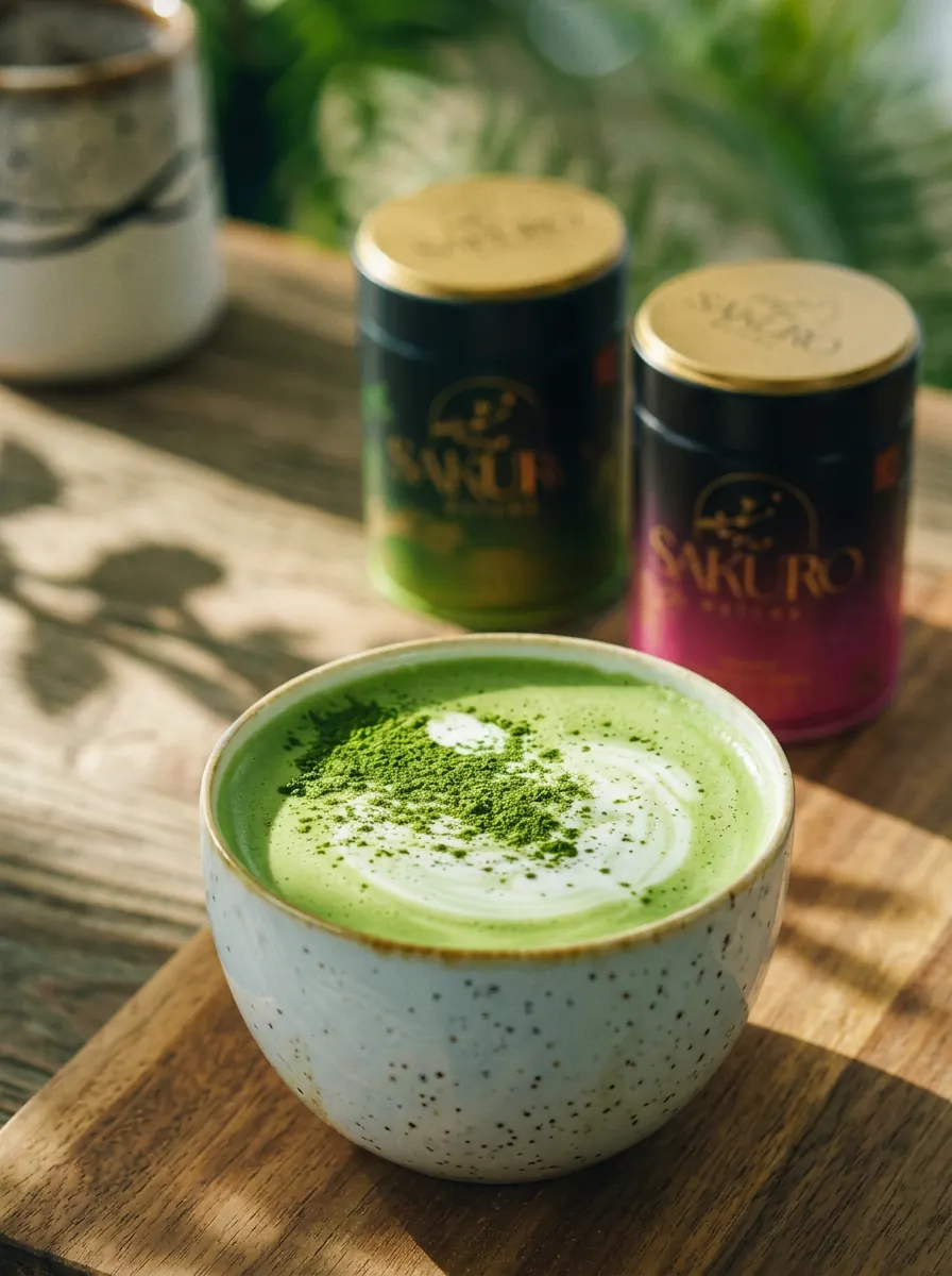 Matcha latte Sakuro na drewnianej tacy w porannym świetle